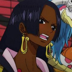 an animated image of a woman with blue hair and yellow earring's on