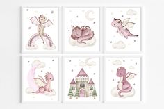 four pink dragon prints on white paper with castle and stars in the sky above them