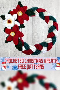 crocheted christmas wreath with free patterns on the front and side, along with snowflakes