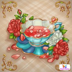 a bowl filled with liquid and flowers on top of a blue saucer surrounded by roses