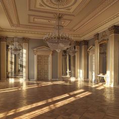 an empty ballroom with chandeliers and mirrors