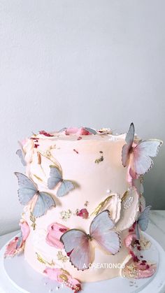 a white cake with pink and blue butterflies on it