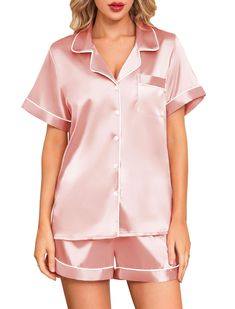 PRICES MAY VARY. Material: Satin pajama set is made of 96% polyester and 4% other fibers. Ultra-soft silk pjs, breathable, and silky to the touch, make you feel comfy all day. Features: Two Piece Pajama Set featuring classic sleepwear style. Short sleeve button front top and pajama shorts set. The button down shirt features with notch collar and one chest pocket design. Pajama shorts for women with an elastic waist and two side pockets that fit any body size. Silk summer pajama sets, which are s Pjs Shorts, Pink Silk Pajamas, Bride Pajama, Bridesmaid Satin, Bridesmaid Pajama Set, Matching Bridesmaids, Pjs Set, Summer Pajama Set, Silk Pajamas Women