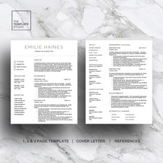 two professional resume templates on top of a marble background with the title, 1 8 page format cover letter references