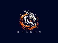 the dragon logo on a dark background with orange and white flames in the shape of a head