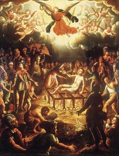 an image of a painting with many people in the background and one man on a table surrounded by angels