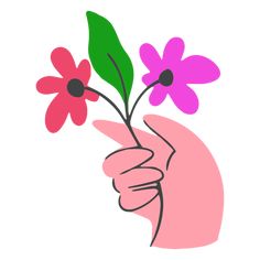 a person's hand holding a flower with green leaves on it and pink flowers in the middle