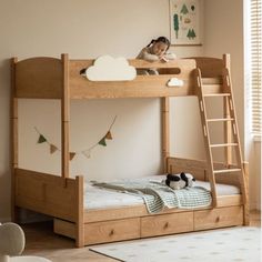 a child's bedroom with a bunk bed, ladders and rug on the floor