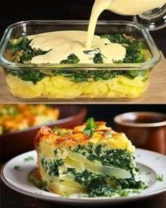 broccoli and cheese casserole being poured into a dish