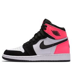 Air Jordan 1 Retro High OG GG sneakers are a special women’s only edition, released on February 11, 2017. They feature the same color blocking as the Jordan 1 ‘Black Toe’ sneakers, but swap out the red coloring for hyper pink, and include a heart-shaped basketball logo on the heel. The sneakers are part of the ‘For the Love of the Game’ series, which references a clause in Jordan’s NBA contract allowing him to compete in off-season pickup games. The series celebrates Michael Jordan’s passion for the game of basketball, and these Air Jordan 1 GG Valentine’s Day sneakers are a perfect tribute to that love. (AJ1/SNKR/Light/High Top/Basketball) Nike High Top Shoes, Nike Shoes Photo, Louis Vuitton Duffle Bag, High Top Jordans, Nike Shoes Women Fashion, Pink Jordans, Nike Jordans, Basketball Logo, Air Jordans Women