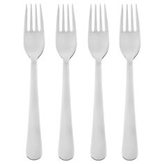 four forks and two knives are shown in this image, one is white the other is silver