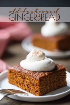 a slice of gingerbread cake with whipped cream on top