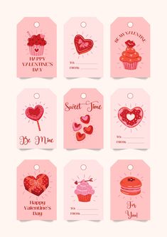 valentine's day tags with hearts and cupcakes