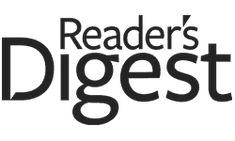 the reader's digest logo is shown in black and white, which reads readers digest