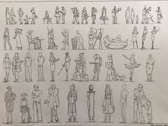 a drawing of people standing and sitting in different poses