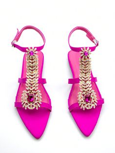 Hot Pink  Collar     Embellished   Women Shoes Rhinestone Party, Party Flats, Black Romper Shorts, Casual Pumps, Plus Size Mini Dresses, Rose Shoes, Rhinestone Flats, Rhinestone Chain, Pink Sandals