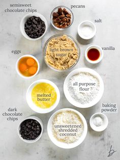 ingredients to make chocolate chip cookies laid out in bowls on a white surface with the words, light brown sugar, all purpose flour, unsweeted shredded