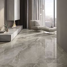 a living room with marble flooring and white furniture in front of a large window