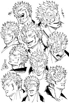 an image of some anime characters with different expressions on their face and head, all in black and white