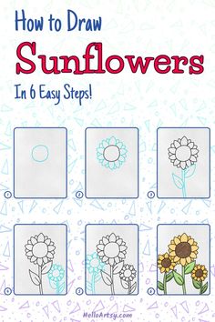 6 steps demonstrating how to draw  how to draw sunflowers for kids. How To Draw Sunflowers, Draw A Sunflower, Doodle Art For Beginners, Sunflower Drawing