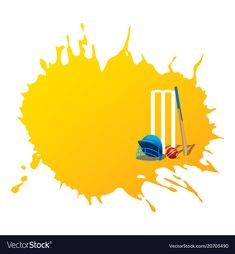 a cricket bat and ball on a yellow background