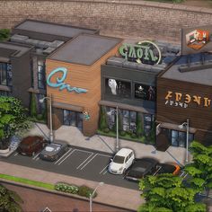 an artist's rendering of the exterior of a restaurant with cars parked in front