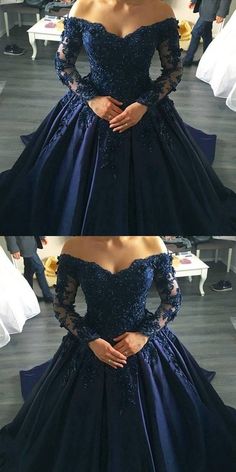 Midnight Blue Prom Dresses, Navy Blue Wedding Dress, Wedding Dresses Off Shoulder, Long Sleeve Ball Gown Wedding Dress, Off Shoulder Ball Gown, Long Sleeve Ball Gowns, Dresses Off Shoulder, Navy Blue Prom Dresses, Prom Dresses Elegant