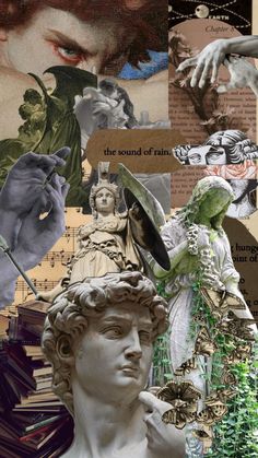 the collage shows many different types of art and people's hands, including statues