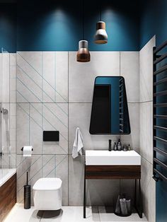 a modern bathroom with blue and white walls