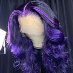 Black and Purple Lace Front Wig 100% Real Human Hair Wavy Wig Purple Lace Front Wig, Purple Lace Front, Wavy Wig, Pretty Hair Color, Lace Front Human Hair Wigs, Colored Wigs, Hair Color Highlights, Lace Front Human Hair, Black And Purple