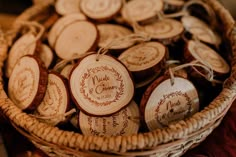 some wooden ornaments are in a wicker basket