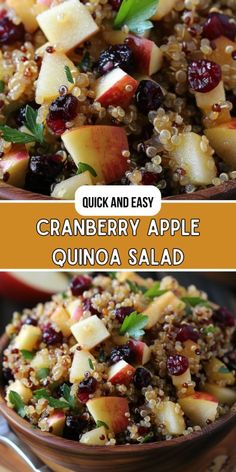 an image of cranberry apple quinoa salad in a bowl with text overlay