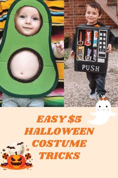 two kids in costumes with the words easy $ 5 halloween costume tricks on them and an avocado cutout