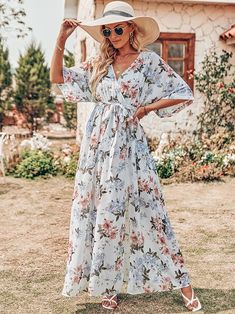 Summer Loose Boho Flowy Wrap V Neck 3/4 Sleeve Floral Print Slit Beach Wedding Guest Long Maxi Outfit Primavera 2023, Easter Dresses For Toddlers, Loose Kimono, Below The Knee Dresses, Kimono Maxi Dress, Ideas Clothes, Clothes Spring, Floral Print Dress Long, Outfit Primavera