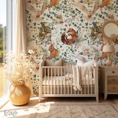 a baby's crib in front of a floral wallpapered nursery room