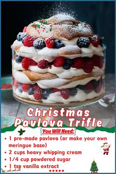 a christmas pavlova trifle with berries and powdered sugar