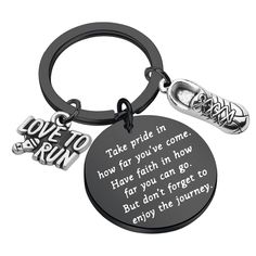 a keychain with a quote on it that says, take pride in how far you've come