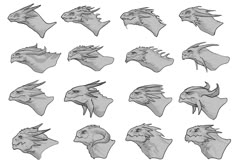 an image of some kind of creature head shapes in black and white, with different angles