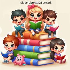 children are sitting on top of books with an animal in front of them and the caption reads dia del libro 23 de abrili