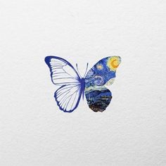 a painting of a blue butterfly with yellow spots on it's wings and the shape of a starry night sky