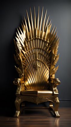 a golden iron throne sitting on top of a wooden floor next to a black wall