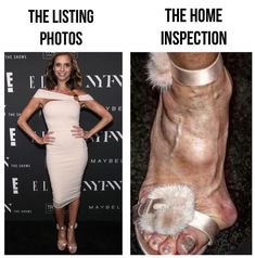 a woman in white dress standing next to an image of her foot and the caption for the listing photos