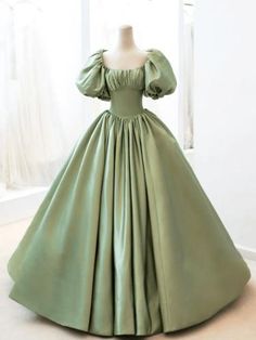 Green Satin Prom Dress, Green Ball Gown, Old Fashion Dresses, Pretty Prom Dresses, Fairytale Dress, Sweet 16 Dresses, Satin Prom Dress, Puffy Sleeves, Evening Gowns Formal