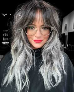 These 24 Black Ombre Hair Colors are Tending in 2021 Silver Ash Balayage On Dark Hair, Highlights With Peekaboo, Silver Hair Highlights On Black Hair, Black And Grey Hair, Black Hair Ombre, Face Framing Curtain Bangs, Grey Hair Inspiration, Silver Hair Color