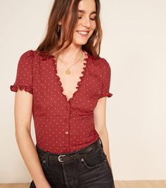 Reformation's CEO: These Are the Only Spring Trends That Matter via @WhoWhatWearUK Red Ruffle Top, Bohemian Blouse, Frilly Blouse, Chiffon Shorts, Red Tops, Bohemian Blouses, Cute Crop Tops, Easy Breezy, Ruffled Sleeves