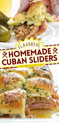 this is an image of homemade cuban sliders with pickles and cheese on the side