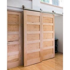 Five Panel Horizontal Sliding Barn Door - Sliding Barn Door Hardware by RealCraft Sliding Cabinet Door Hardware, Barn Door Floor Guide, Custom Exterior Doors, Pocket Door Frame, Sliding Cabinet Doors, Modern Sliding Barn Door, Barn Door Installation, Modern Entry Door, Modern Exterior Doors