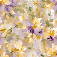 an abstract painting of yellow and purple flowers