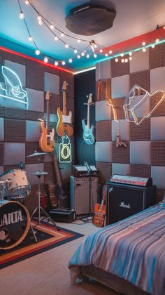 a bedroom with guitars and other musical instruments on the wall, along with a bed