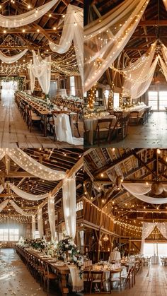 the inside of a barn decorated for a wedding